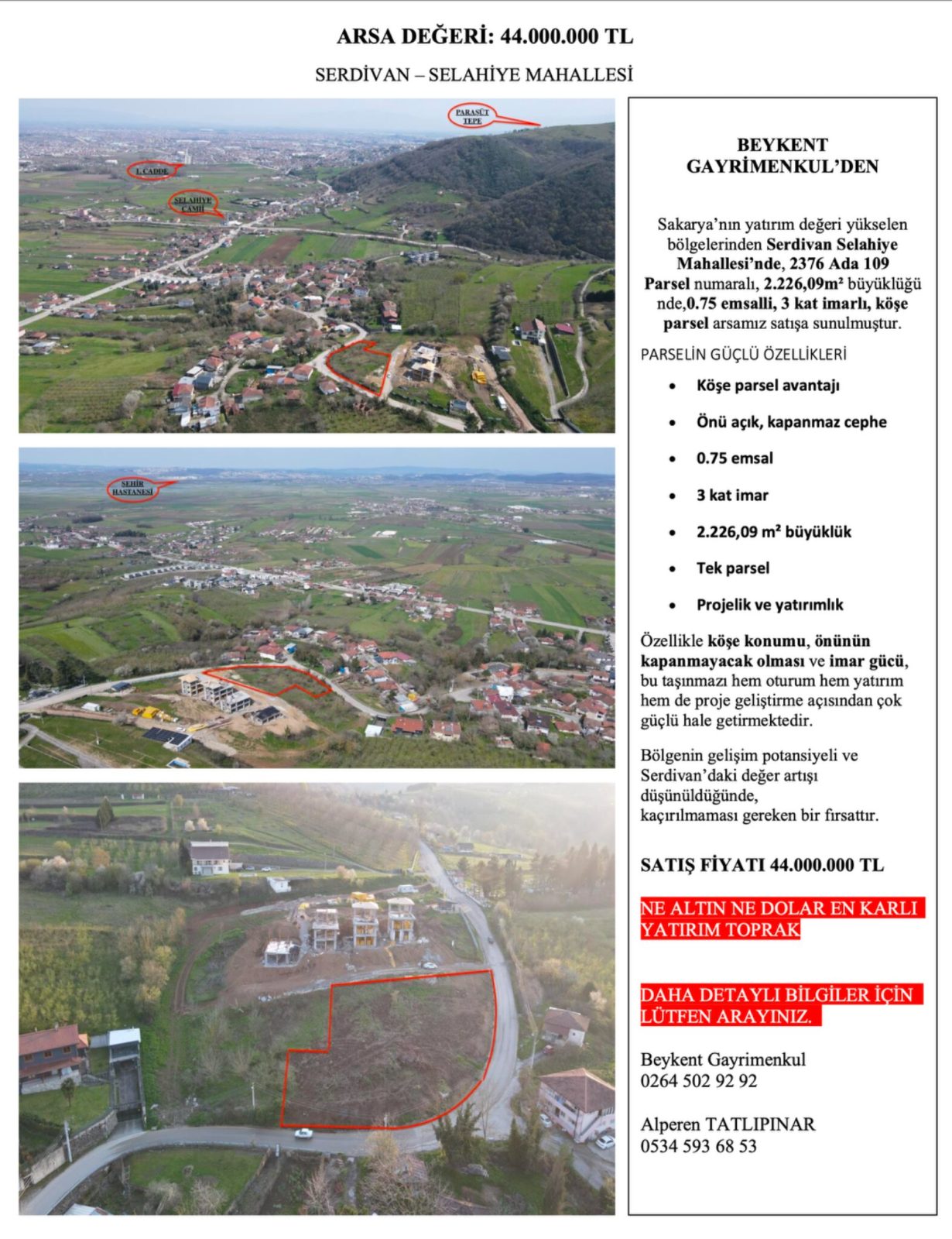 Serdivan Selahiye’de 2.226,09 m² Satılık Köşe Parsel