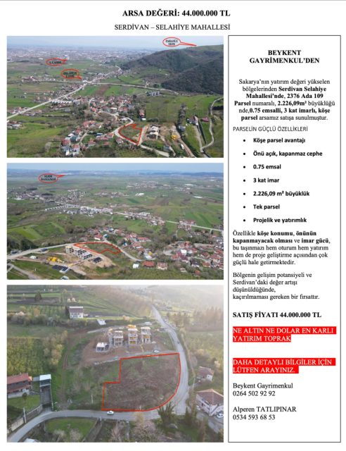 Serdivan Selahiye’de 2.226,09 m² Satılık Köşe Parsel