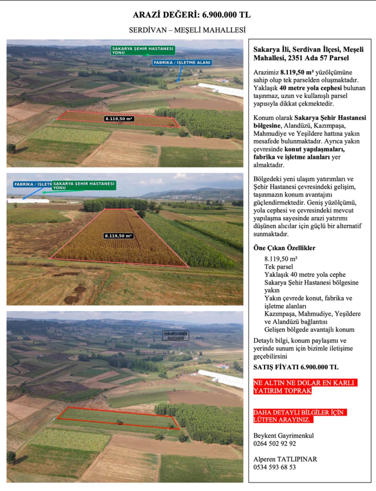 Serdivan Meşeli’de 8.119,50 m² Satılık Arazi