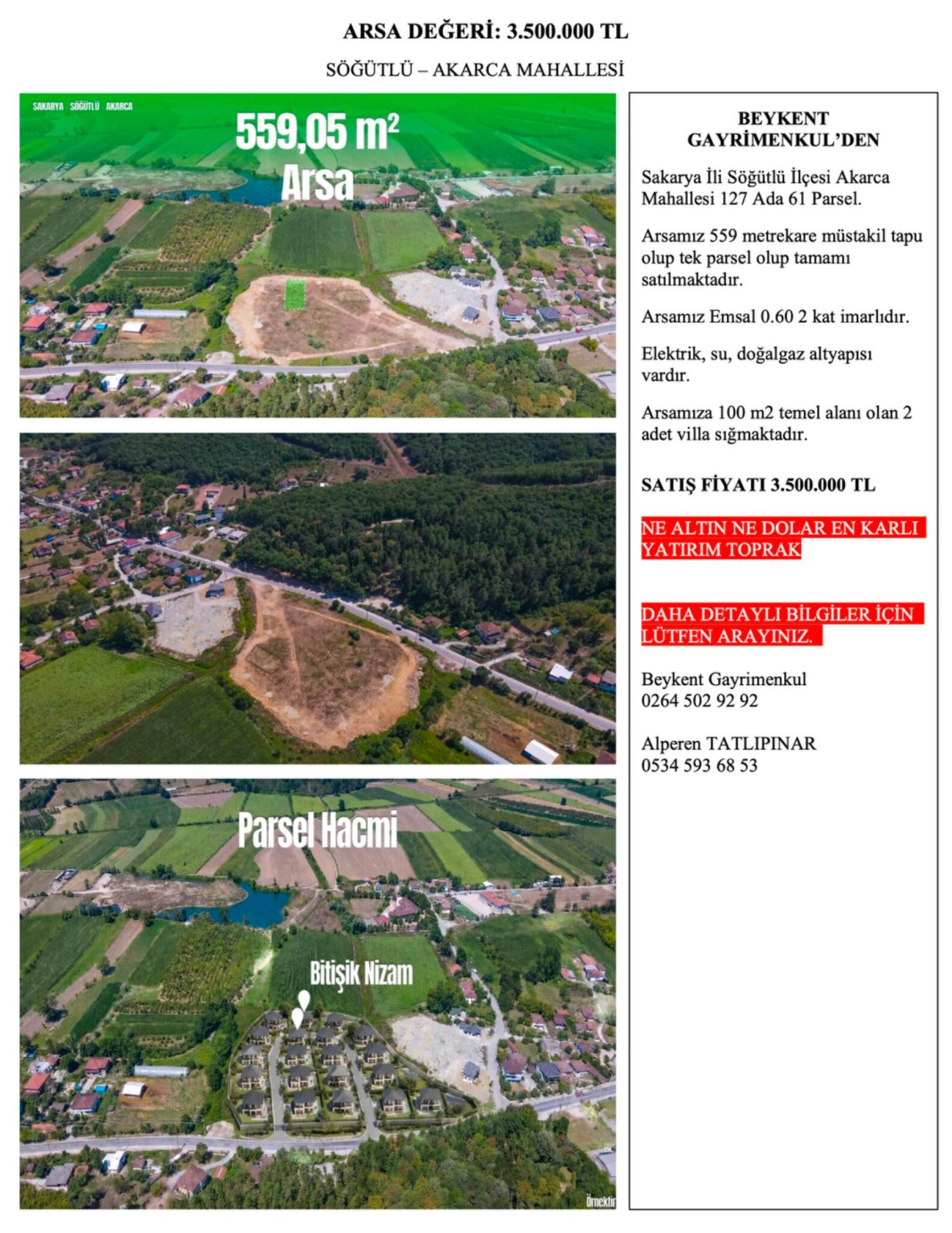 Söğütlü Akarca’da 559 m² Satılık İmarlı Arsa