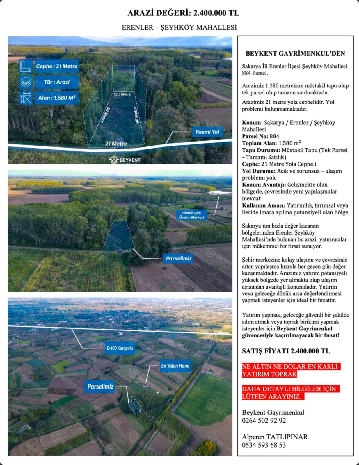 Erenler Şeyhköy’de 1.580 m² Satılık Yola Cepheli Arazi