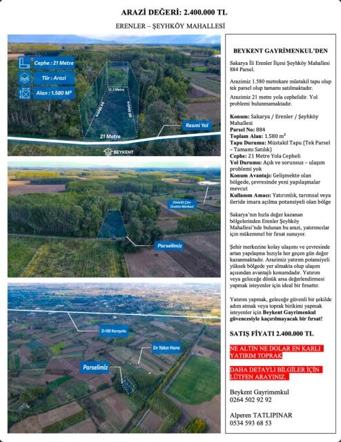 Erenler Şeyhköy’de 1.580 m² Satılık Yola Cepheli Arazi