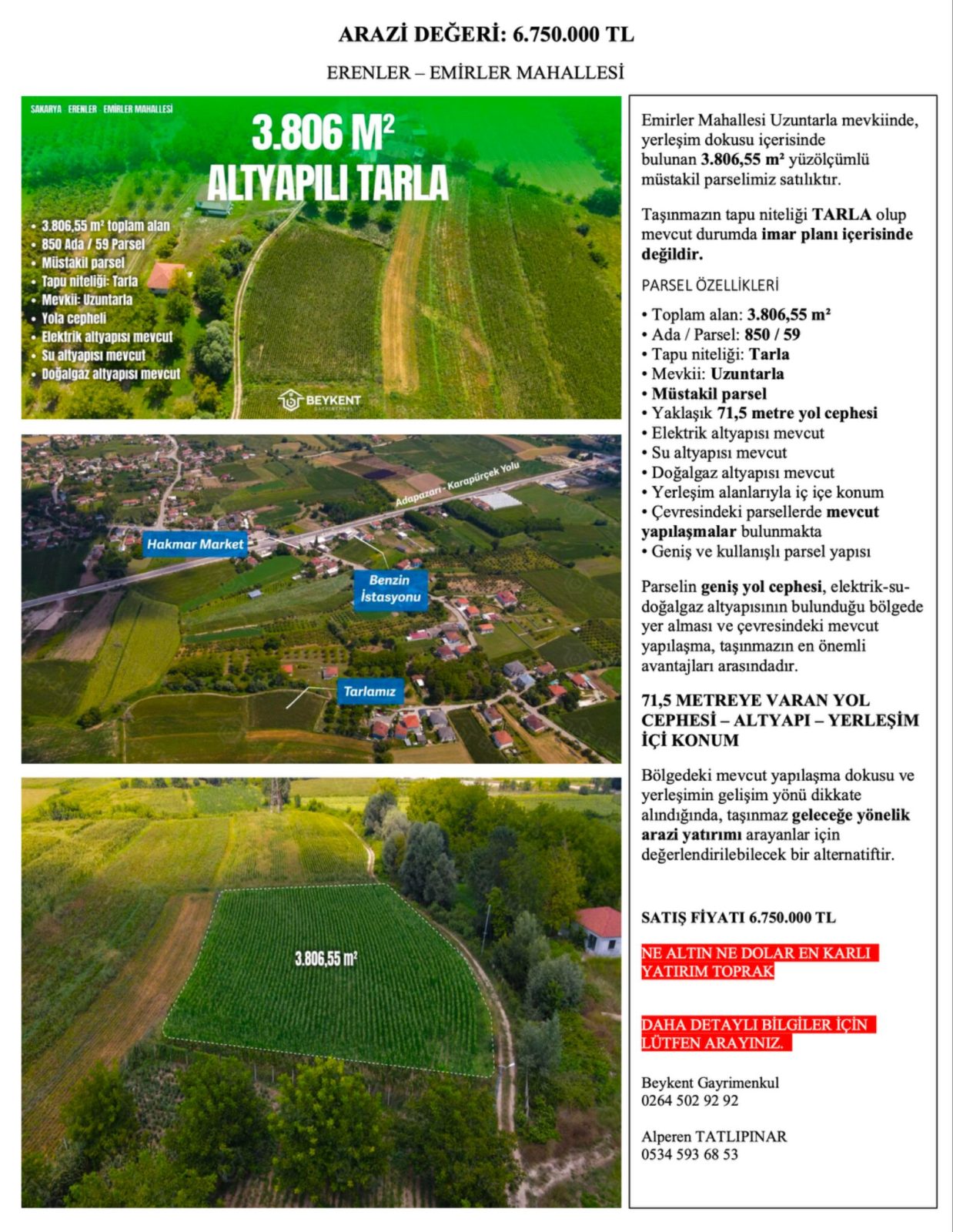 Erenler Emirler’de 3.806,55 m² Satılık Tarla — 850/59