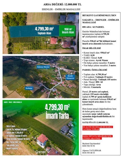 Erenler Emirler’de 4.799,30 m² Satılık Parsel — 850/62