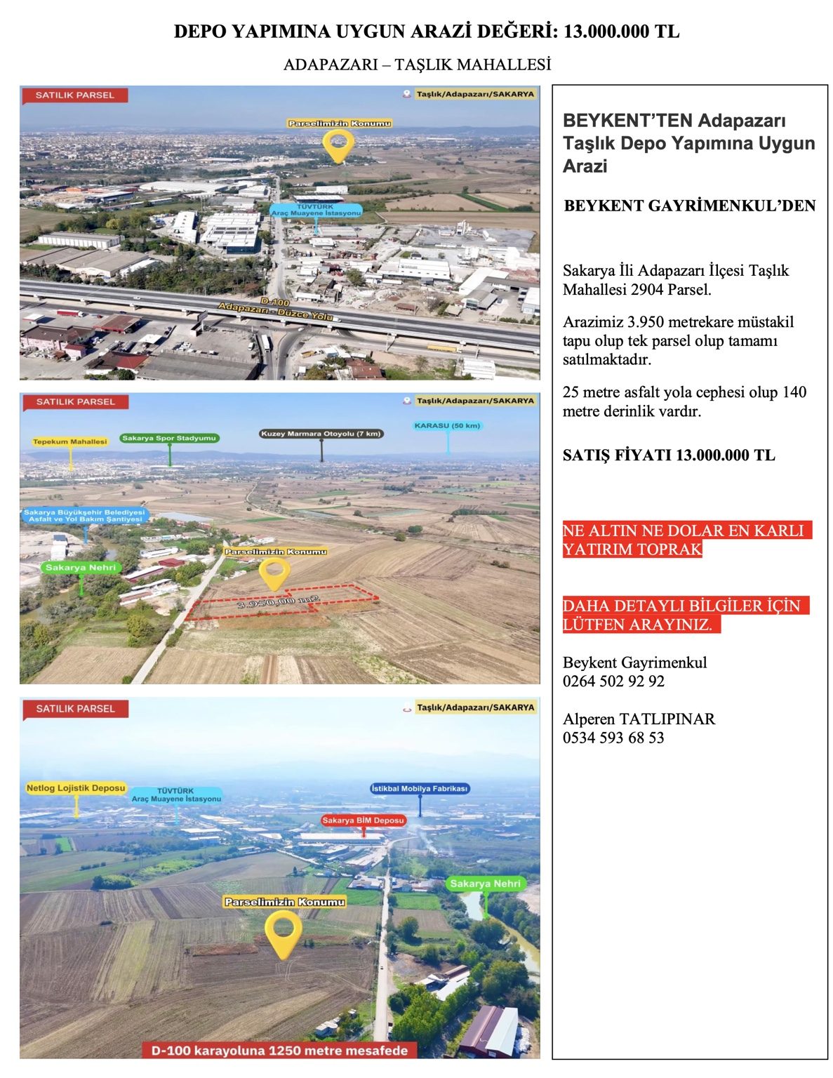 Adapazarı Taşlık’ta 3.950 m² Satılık Yola Cepheli Arazi