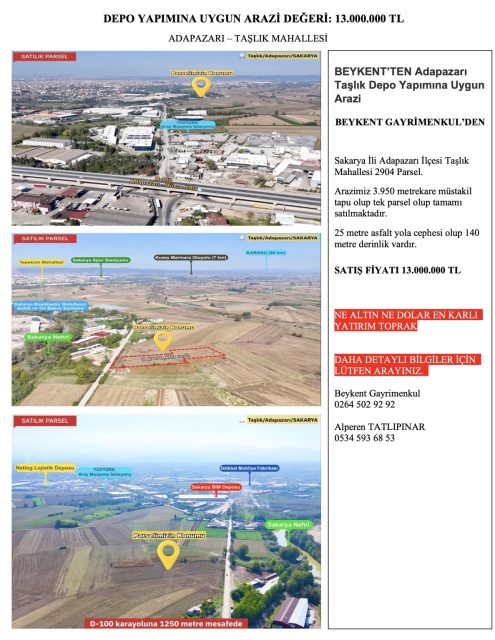 Adapazarı Taşlık’ta 3.950 m² Satılık Yola Cepheli Arazi