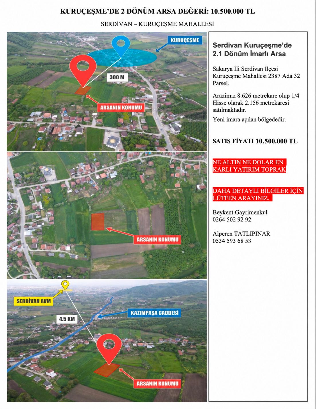 Serdivan Kuruçeşme’de Satılık 2.156 m² Hisseli Arsa