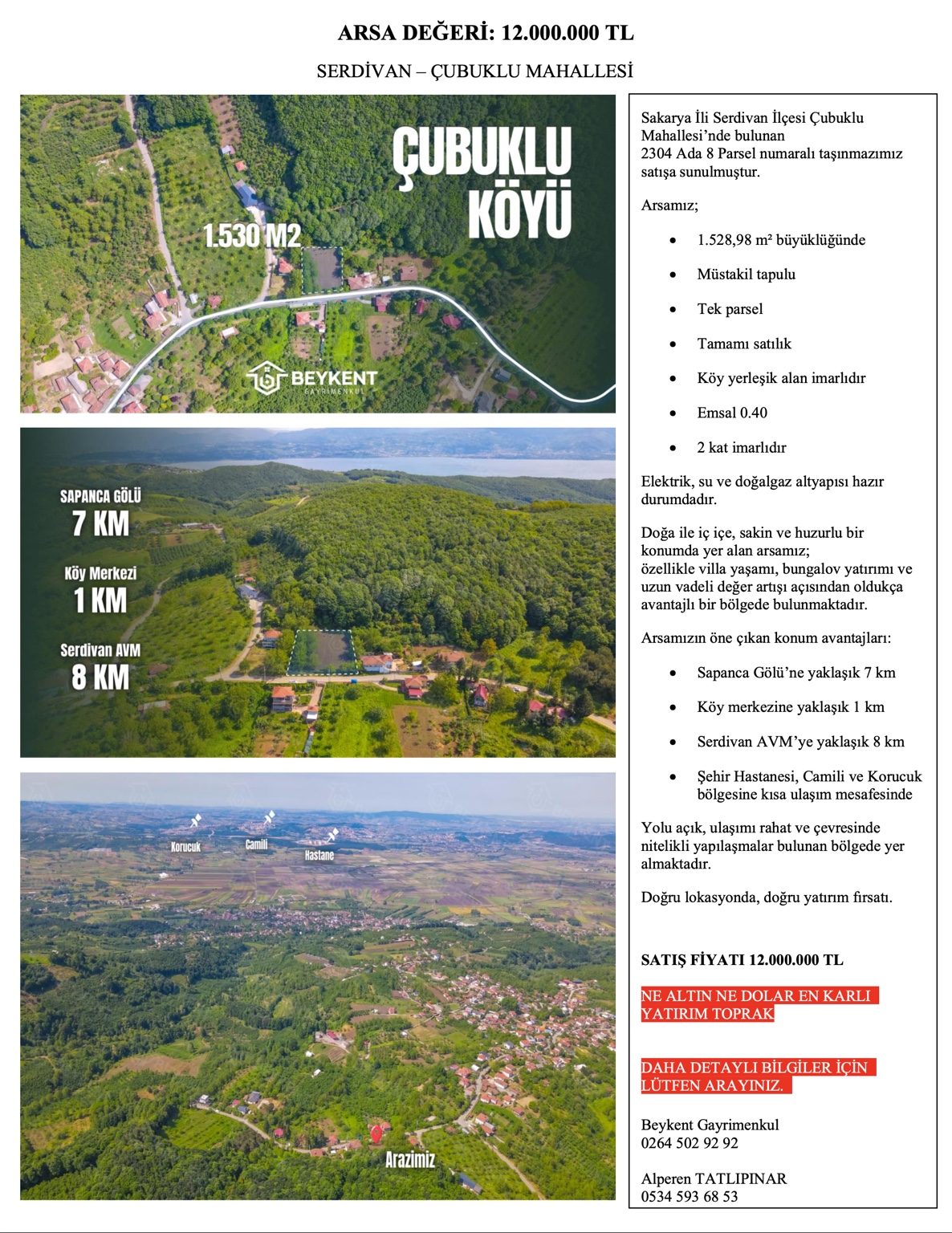Serdivan Çubuklu’da 1.528,98 m² Satılık Müstakil Tapulu Arsa