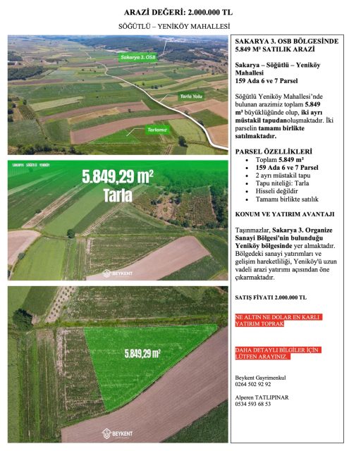 Söğütlü Yeniköy’de 5.849,29 m² Satılık İki Parsel Arazi