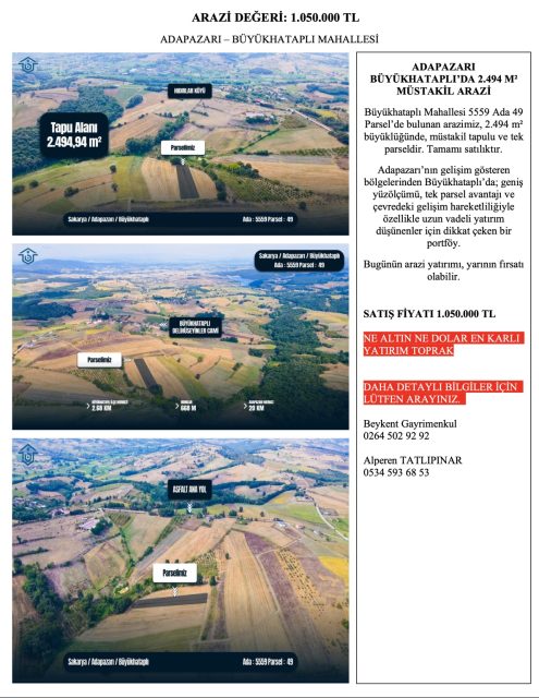 Adapazarı Büyükhataplı’da 2.494,94 m² Satılık Müstakil Arazi