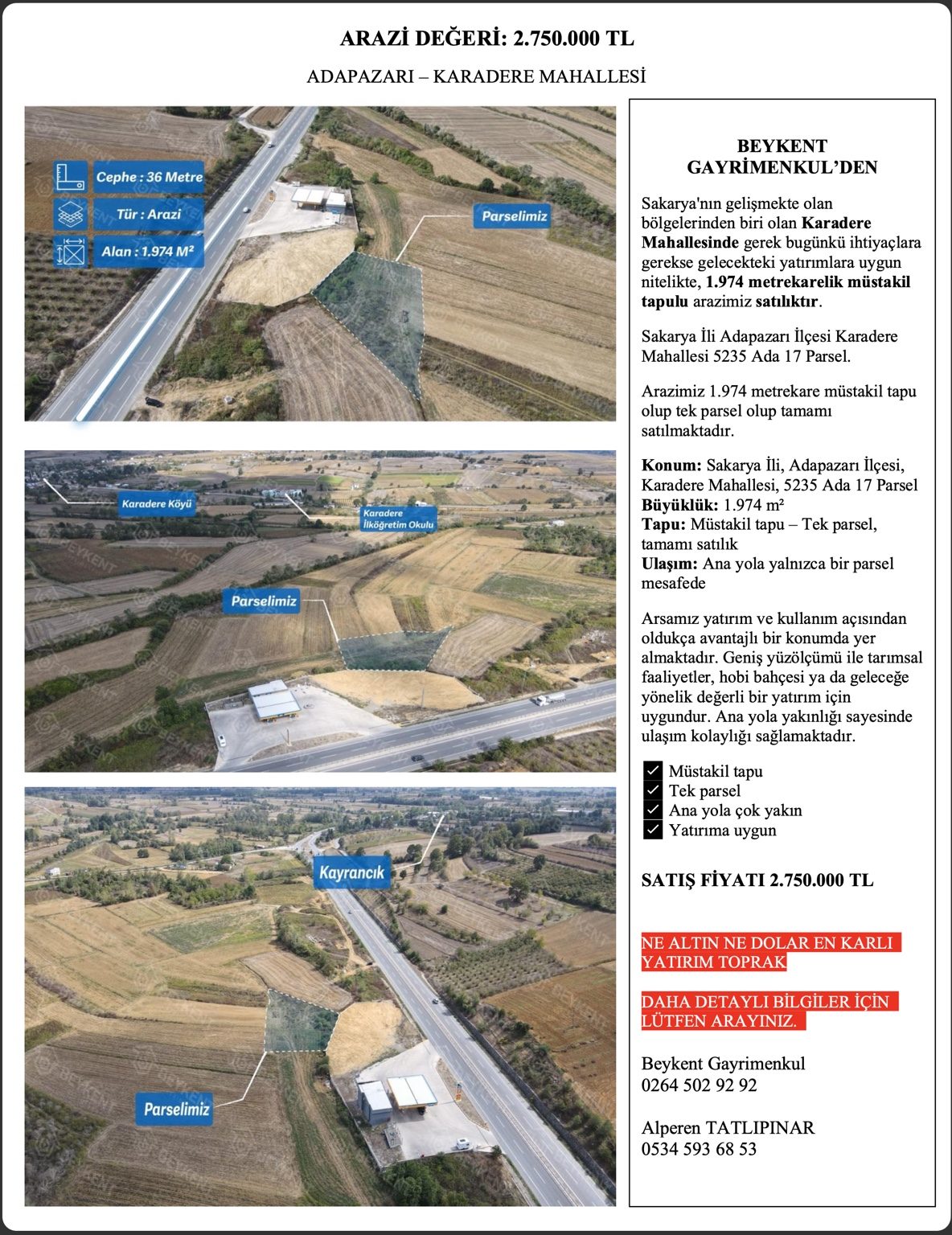 Adapazarı Karadere’de 1.974 m² Satılık Müstakil Tapulu Arazi